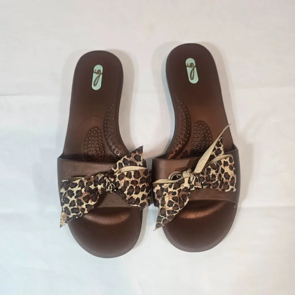 Oka-B Madison Slide Sandals Women Size ML US 8.5-9.5 Brown Leopard Bows Comfort